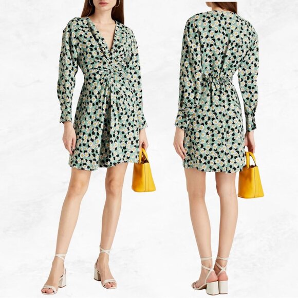 Sandro Angele Ruched Printed Linen-Blend Mini Dress - Picture 1 of 8